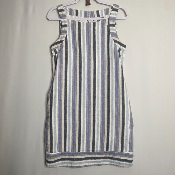Sharagano Fully Lined Linen Blend Blue White Striped Keyhole Back Dress Size 6 - Picture 1 of 13